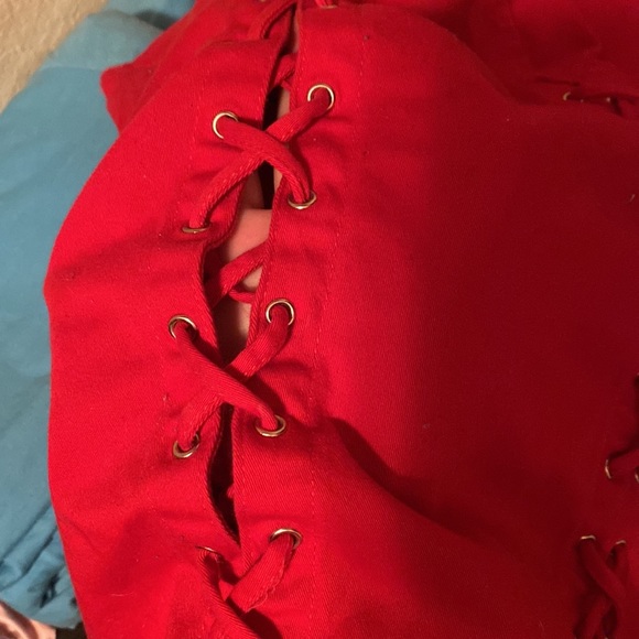 Red Strapless Skinny Dress with Cross Hatches Along The Sides - Picture 4 of 7